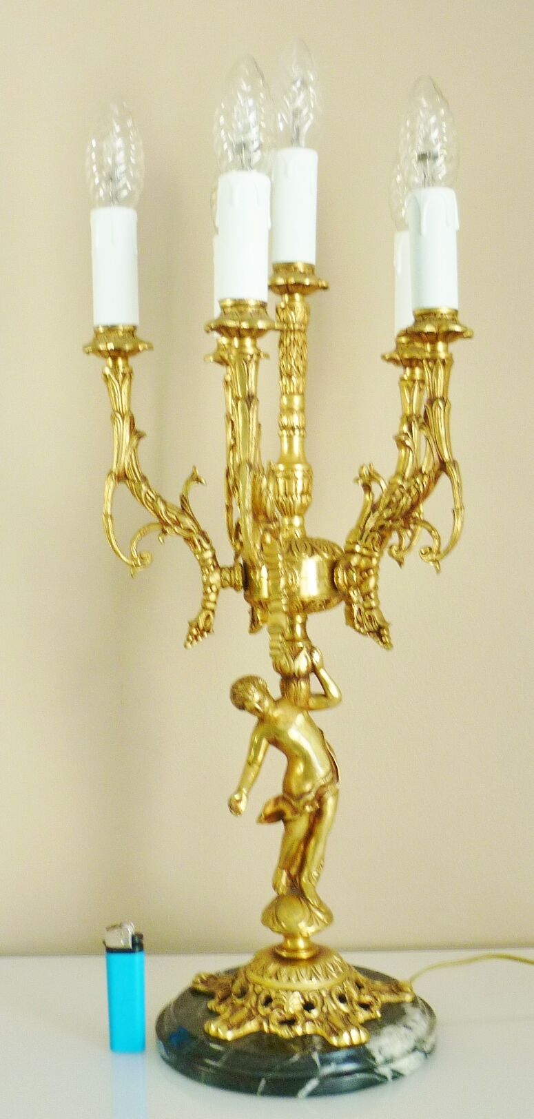 Candelabra, 6-pointed candlestick, marble, bronze, putti decoration, putto