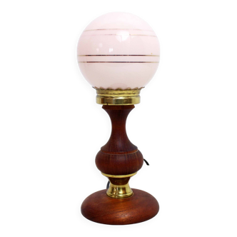Teak and pink glass table lamp