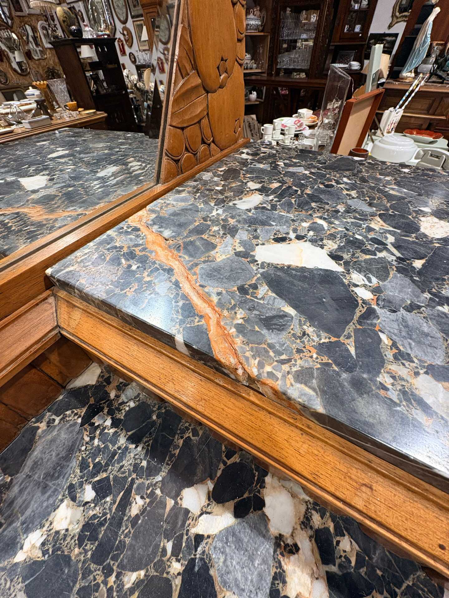 Art Deco buffet in carved walnut, marble and large mirror – 1930s