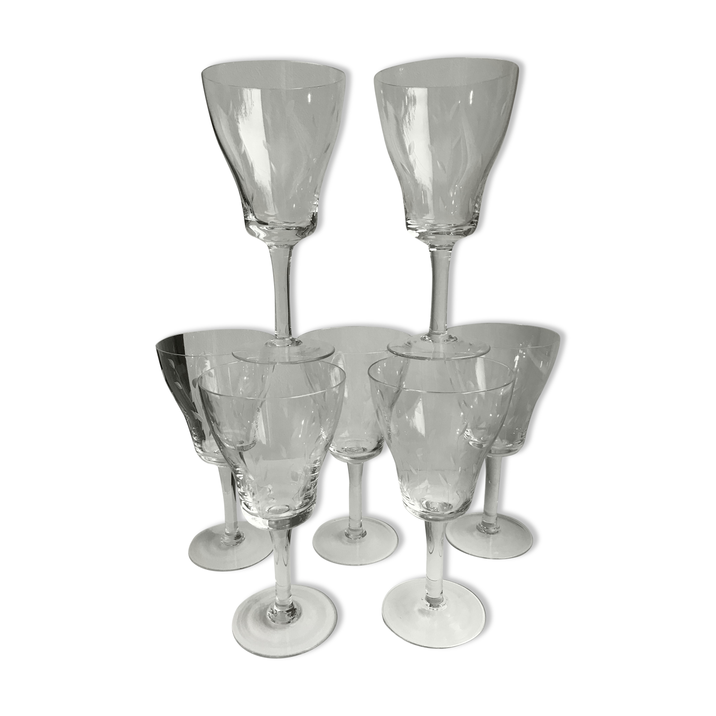 Set of 7 wine glasses, crystal water engraved 50-60s