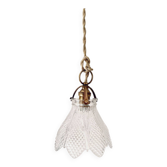 Ribbed glass pendant light, fabric cable, porcelain rosette