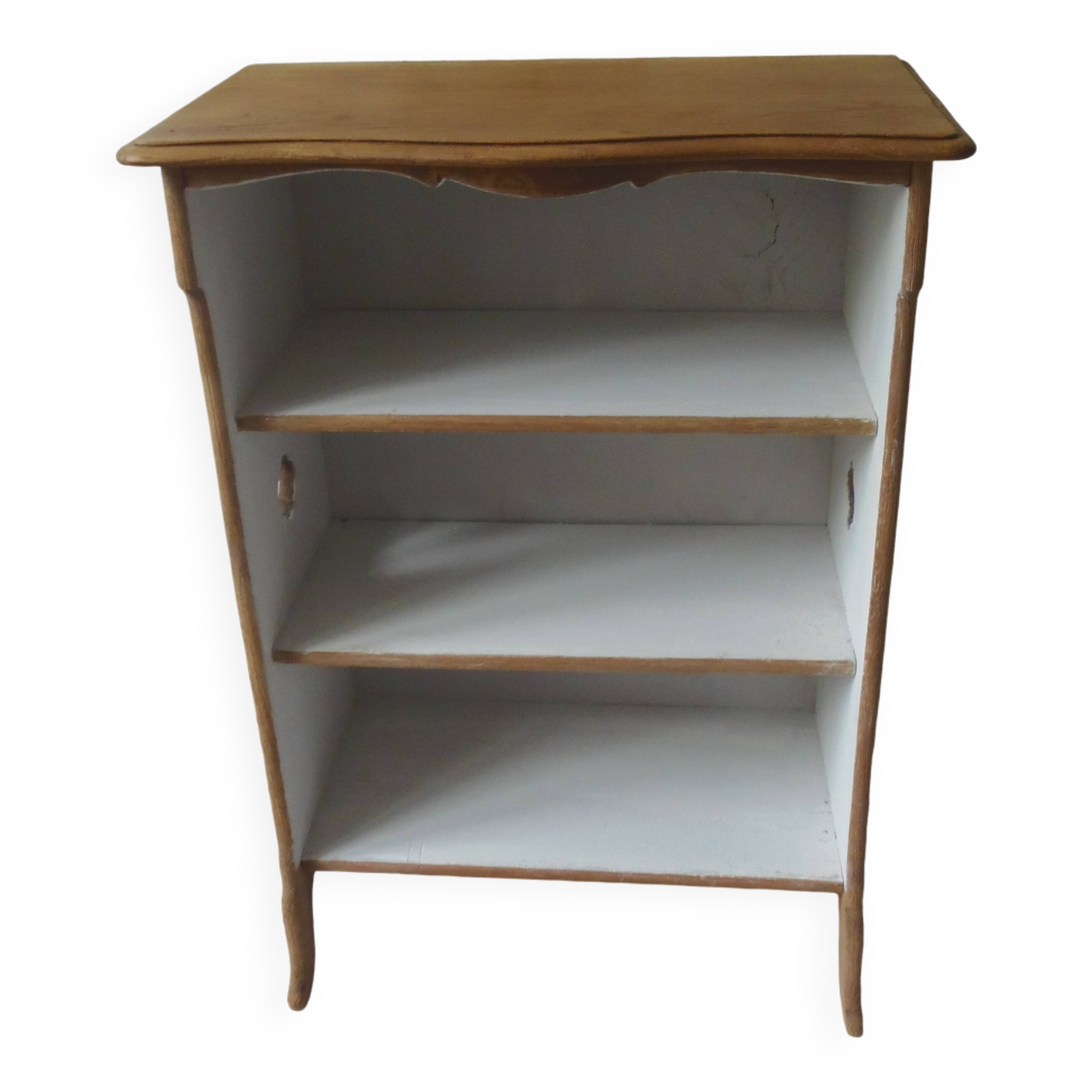 Vintage low depth bookcase in pearl grey interior oak with waxed finish.
