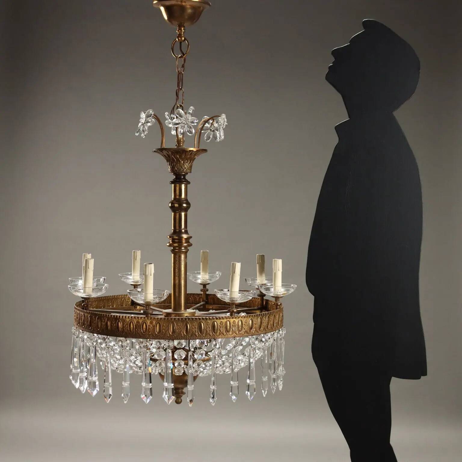 Lustre ancien style Empire en verre et métal doré, Italie, XXe siècle