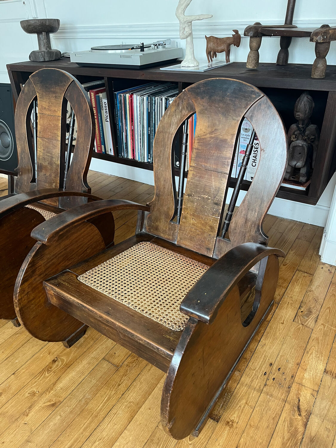 Pair of Art Deco armchairs in wood and cane.