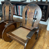 Pair of Art Deco armchairs in wood and cane.