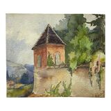 Watercolor painting "Landscape with the bell tower" signed, early twentieth century