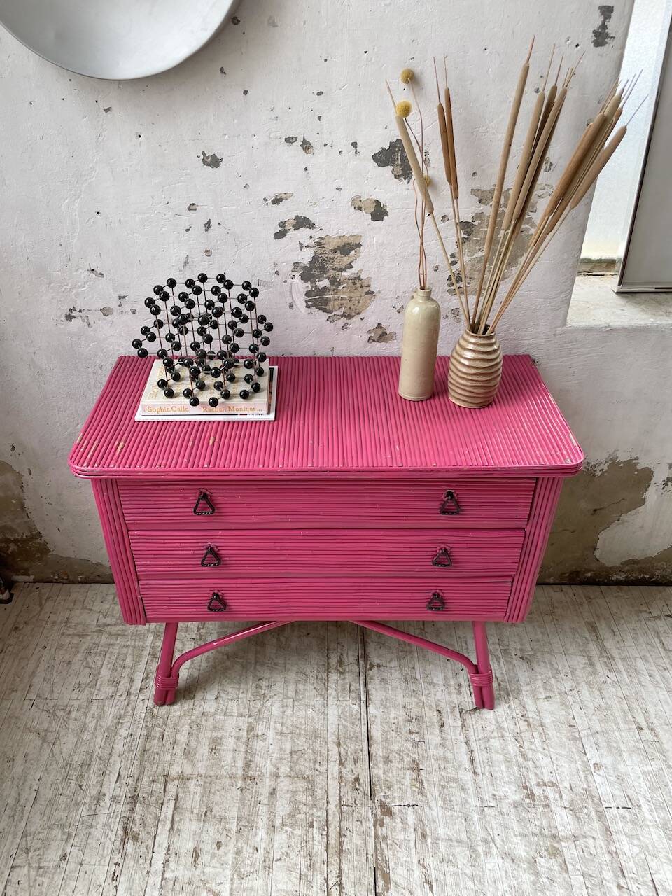 Vintage pink rattan chest of drawers