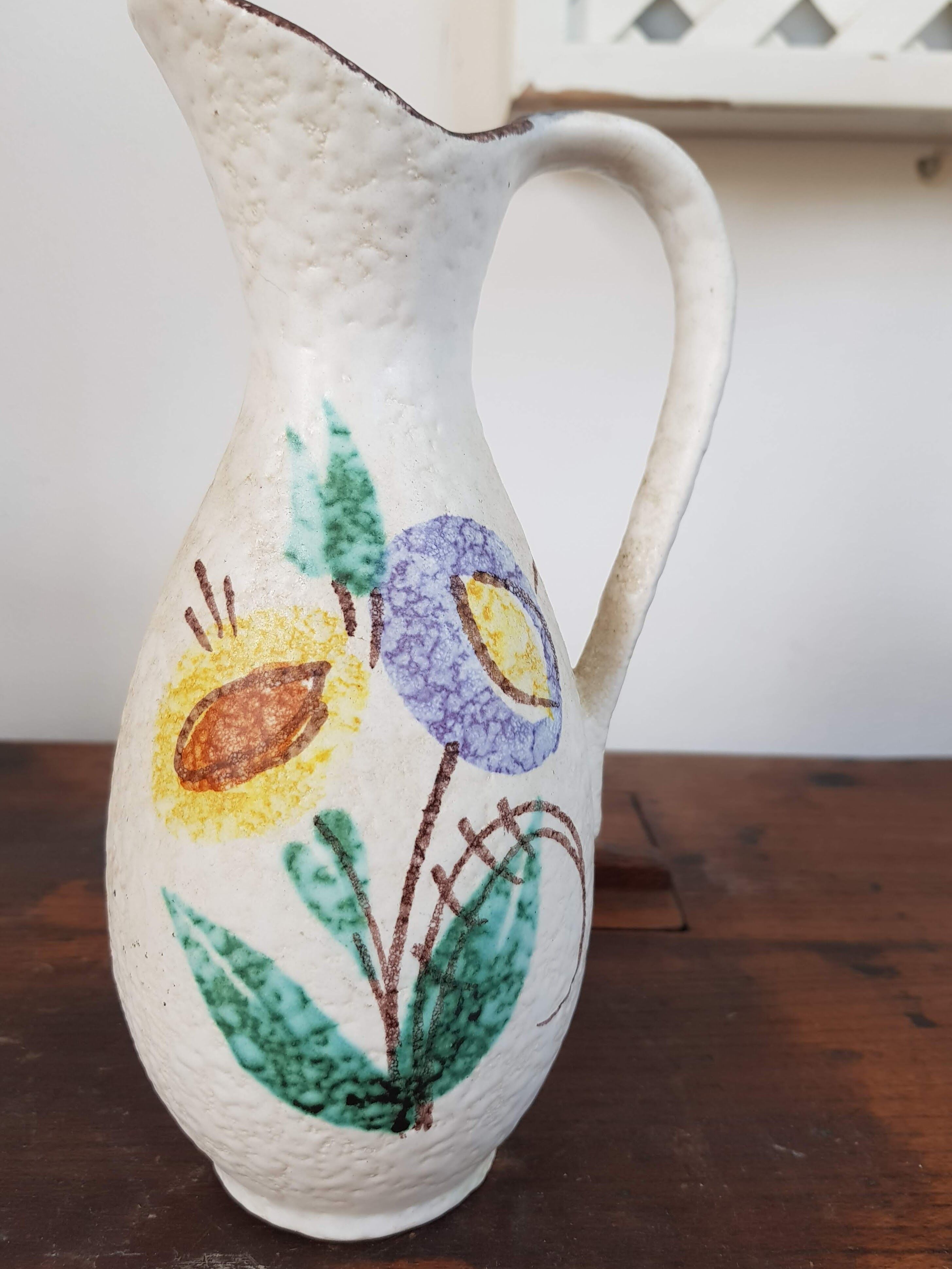 Vintage Scheurich Hand-Painted Fat Lava Vase with Handle - 1960s - Flowers - West Germany