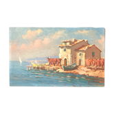 Oil on panel signed Breval fisherman's hut