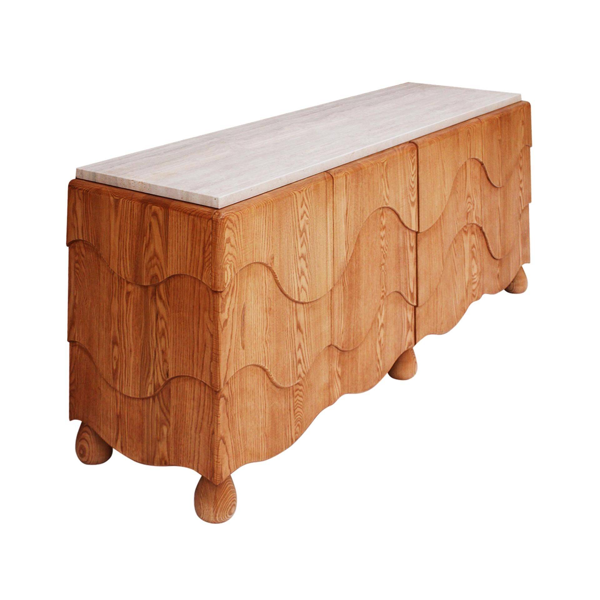 Contemporary Handcrafted Oak Solid Wood And Travertine Italian Sideboard