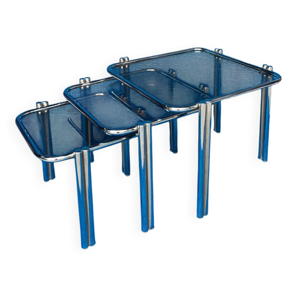 LOT DE 3 TABLES GIGOGNE METAL CHROME DOUBLE PIETEMENT ET VERRES FUMES