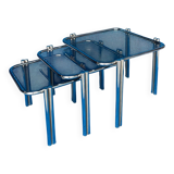SET OF 3 NESTING TABLES WITH CHROME METAL DOUBLE BASE AND SMOKED GLASS