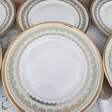 Set of 8 PL France porcelain dinner plates, water green marli and frieze
