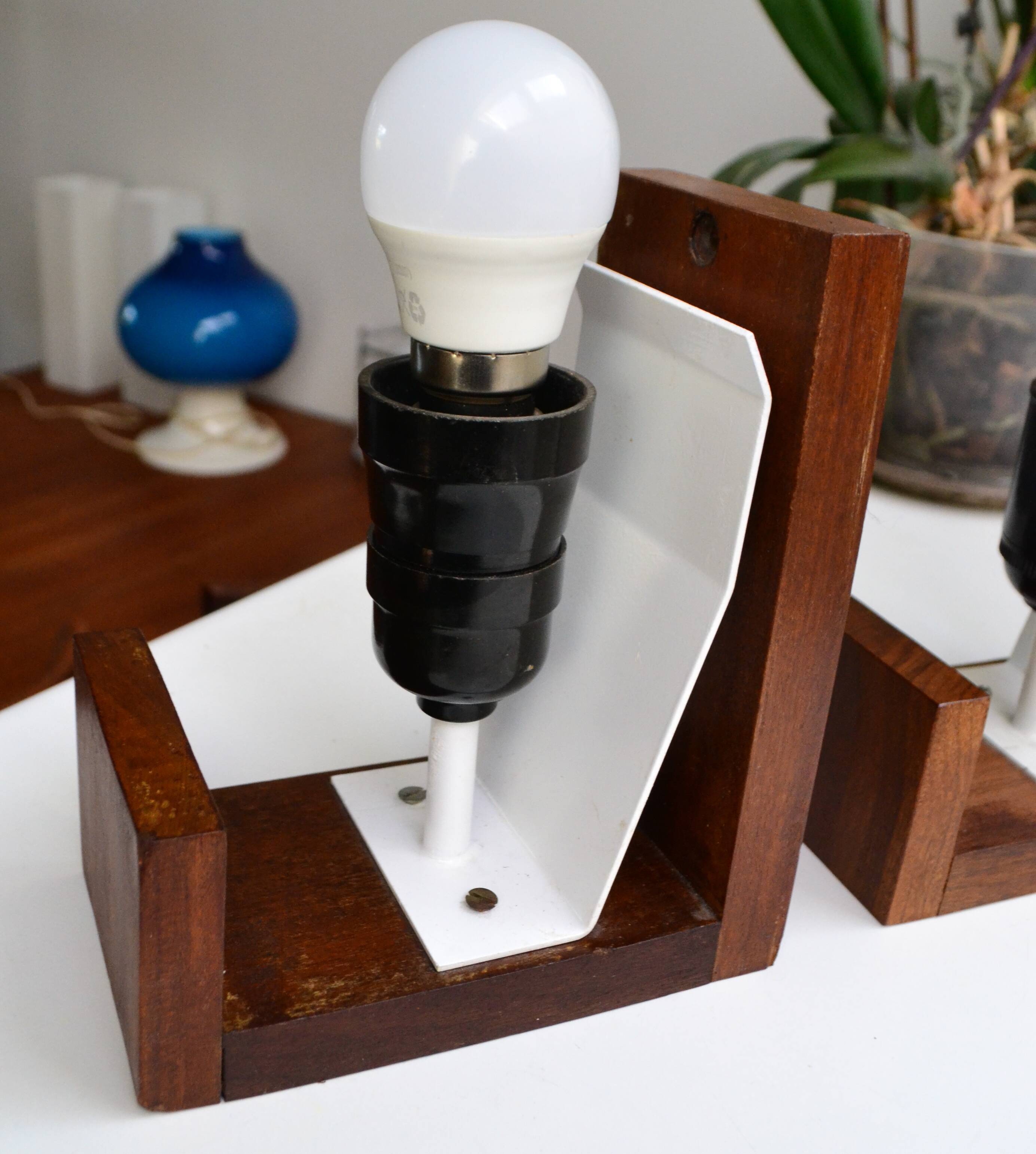 Pair of Louis Kalff opaline and teak wall lights from the 1950s/60s