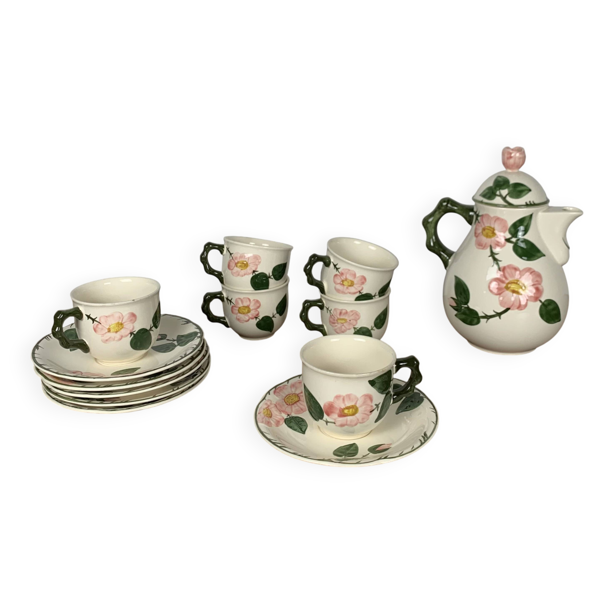 6 teacups + saucers + teapot Villeroy & Boch "Wild Rose" 1970