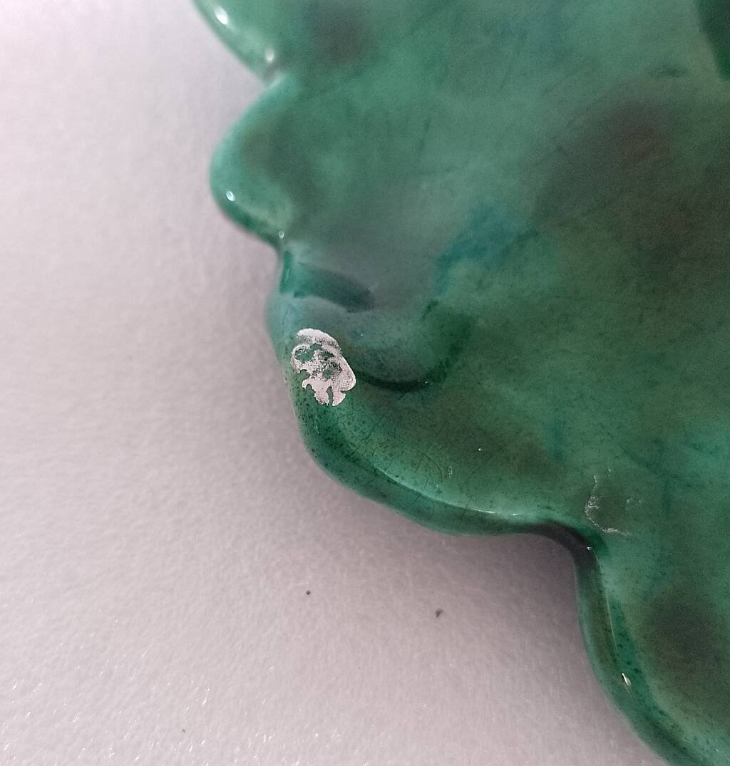 Vintage Majolica Strawberry Leaf Shaped Dish Ceramic Green Red