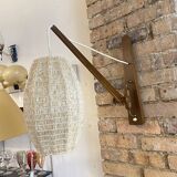Scandinavian articulated wall lamp, teak and raffia, 1960