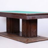 Restored Art Deco Dining Table, Oak, Copper Plating, Glass, Czech, 1930s