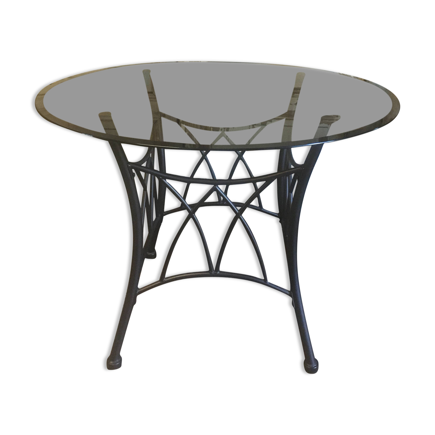 Table ronde pieds métal et verre fumée