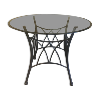 Table ronde pieds métal et verre fumée