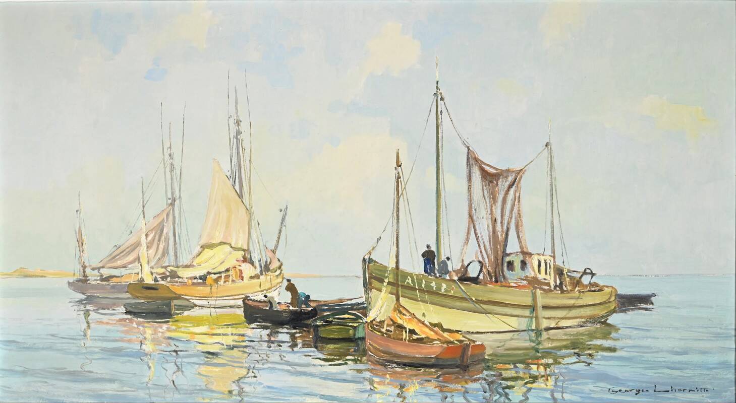 Oil Painting on Hardboard “Trawler and Tuna Boats”, signed G.Lhermitte – Mid 20th century