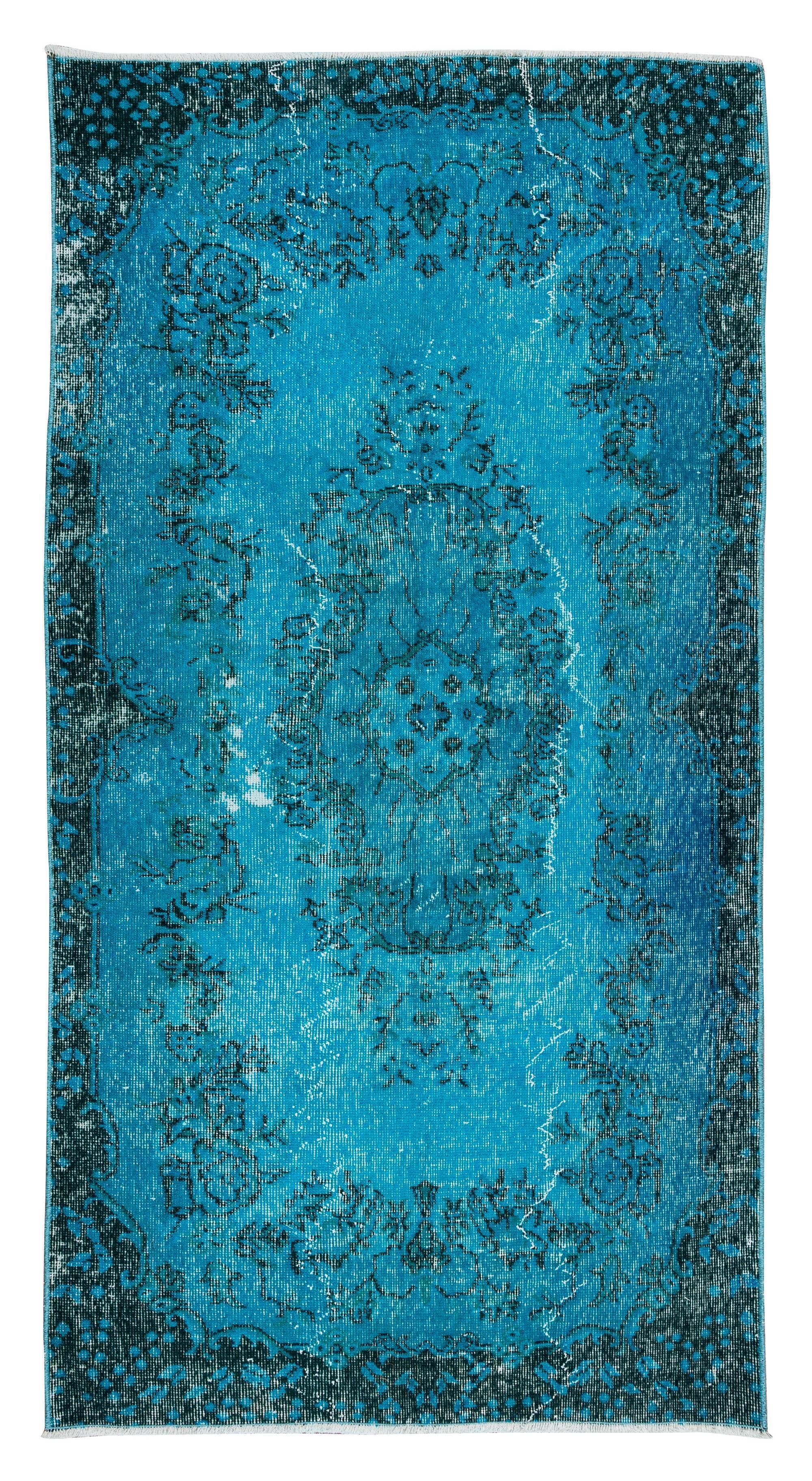 3.7x6.9 ft handmade vintage turkish rug redyed in teal, ideal 4 modern interiors