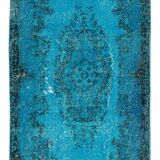 3.7x6.9 ft handmade vintage turkish rug redyed in teal, ideal 4 modern interiors