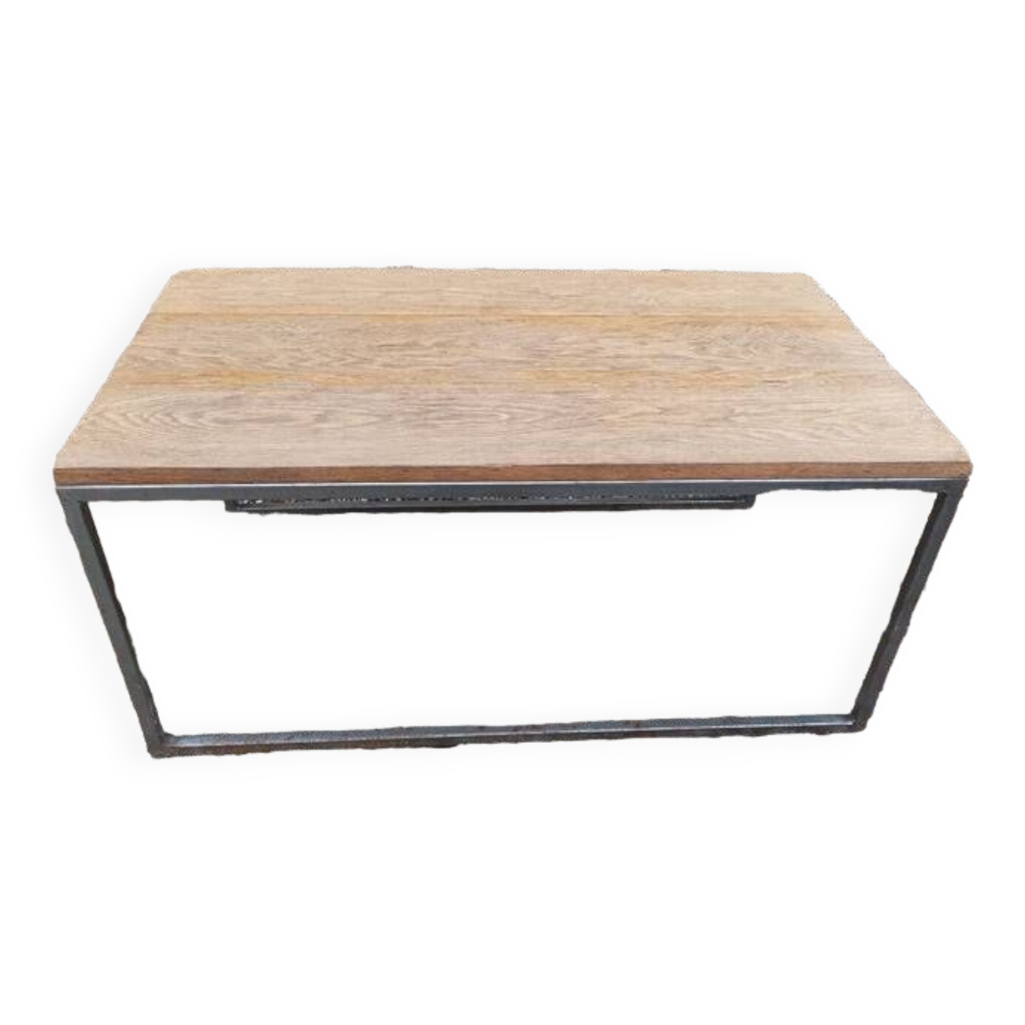 Solid wood living room coffee table with patinated metal legs