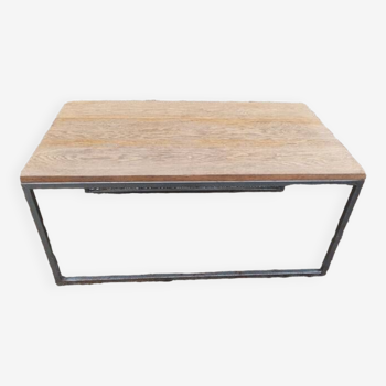 Solid wood living room coffee table with patinated metal legs