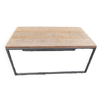 Solid wood living room coffee table with patinated metal legs