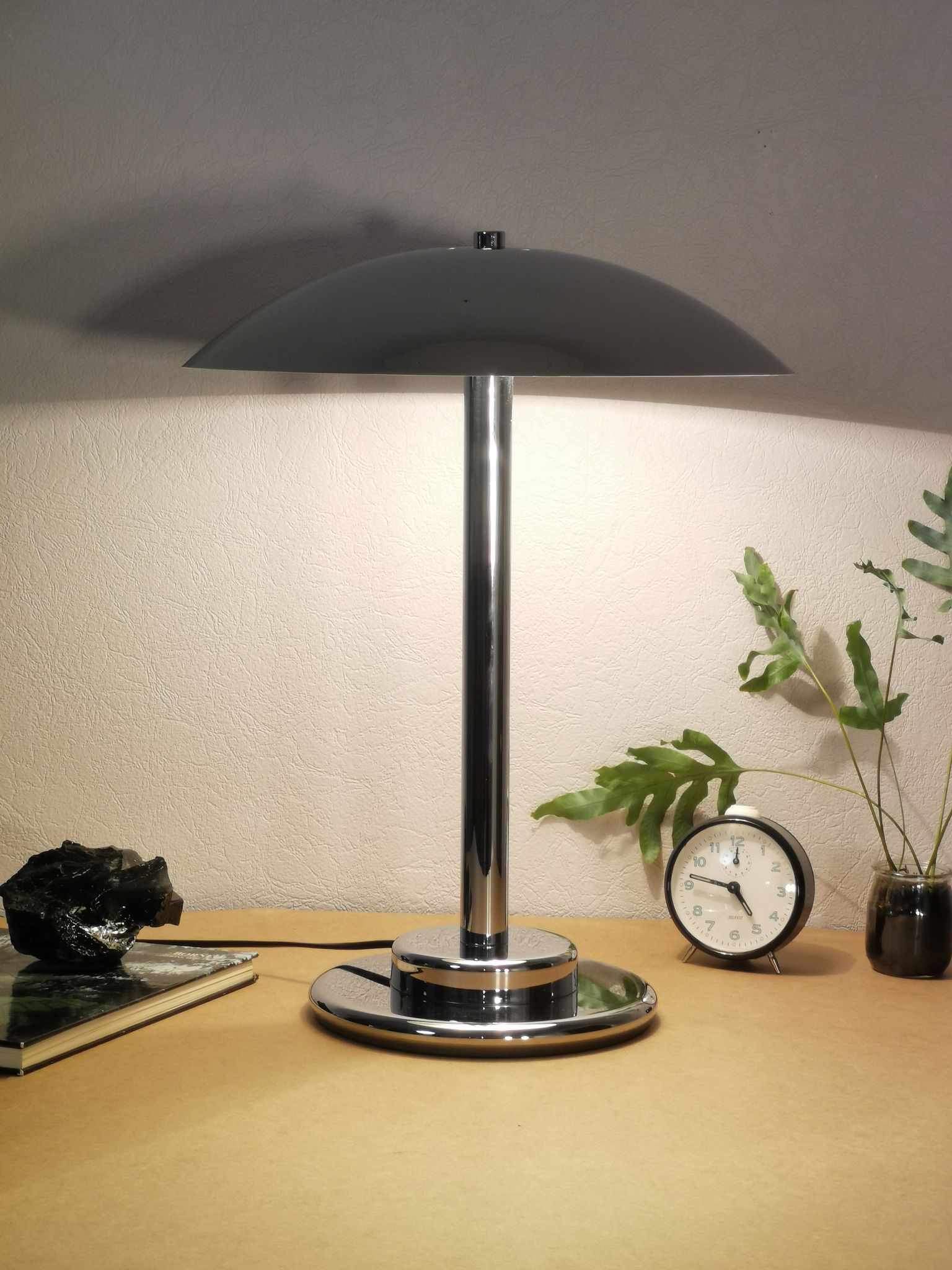 Mushroom lamp, chrome metal saucer, Aluminor, France, 1970