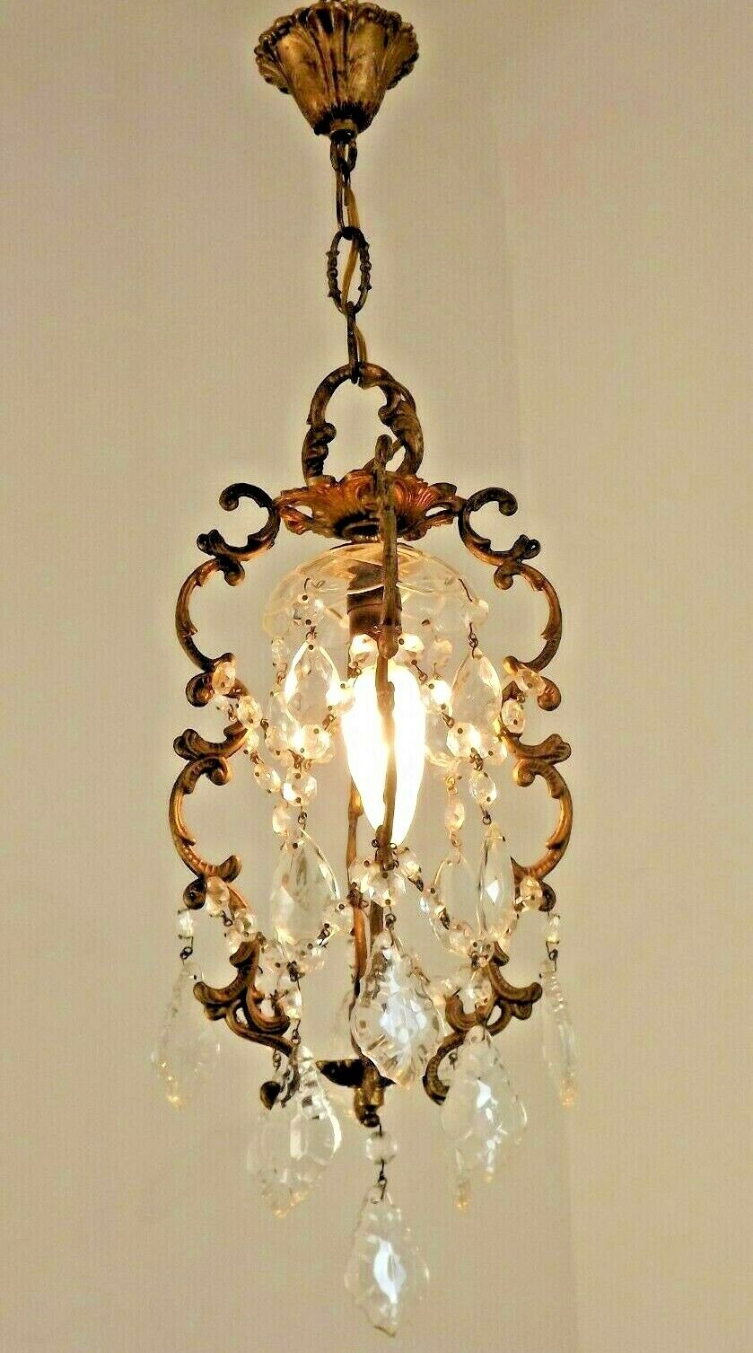 French antique small brass crystal & glass single light cage chandelier 3277