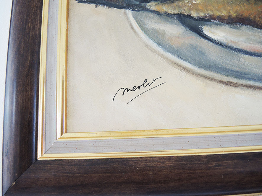 Huile sur bois encadrée et Signée Henri Merlet, 2 harengs saur sur assiette