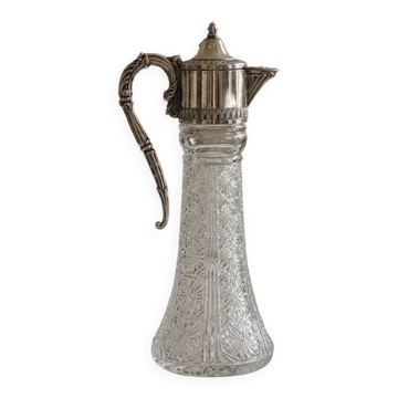 Ancienne aiguière en verre pressé et métal argenté – Pichet à vin décoratif H30 cm