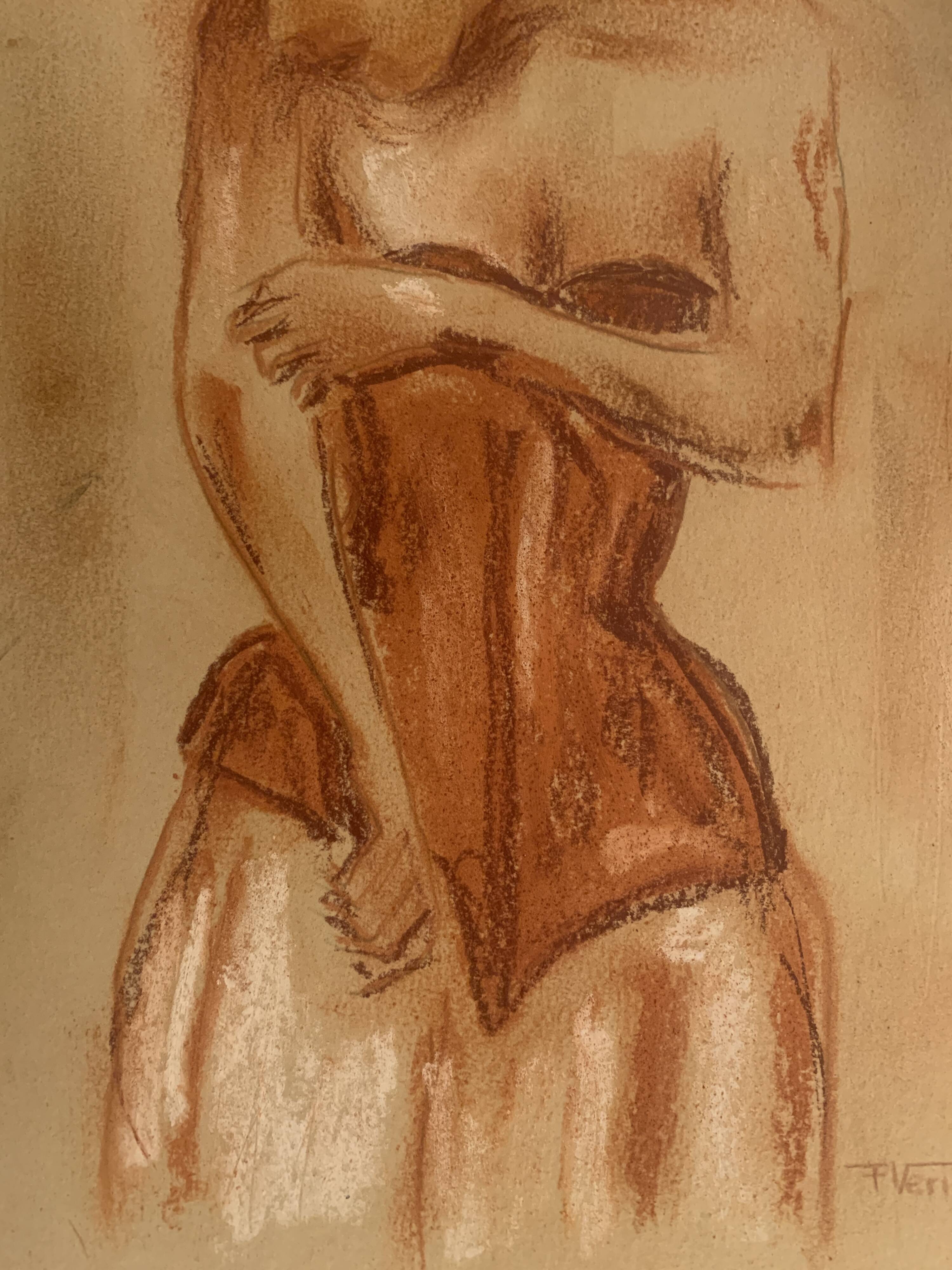 Signed pastel painting, female portrait, Belle Epoque “The Corset”