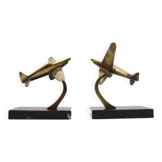 Art deco Bauhaus Bronze on Marble Airplane Bookends