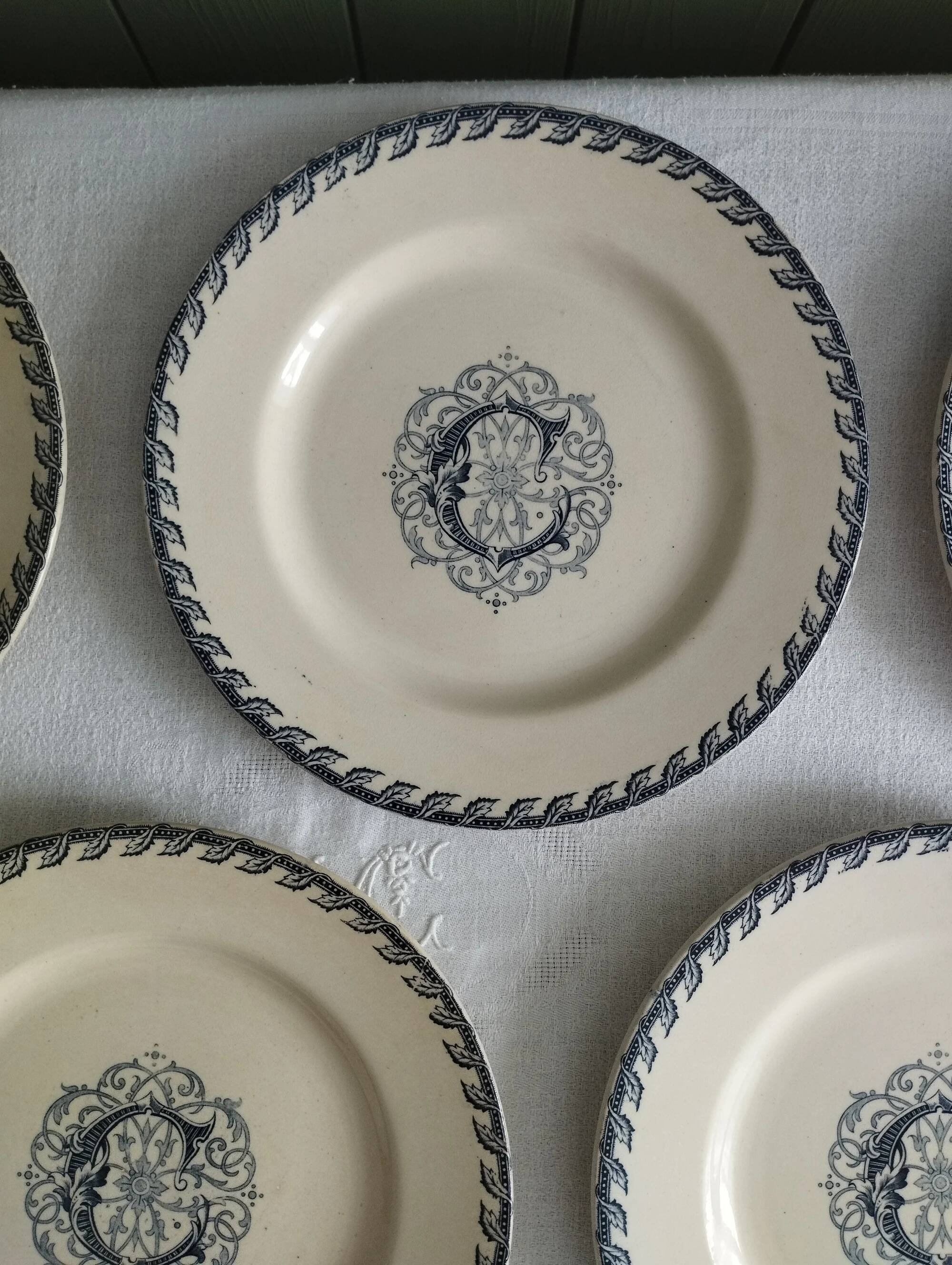 KG Lunéville - 6 flat plates made of ironstone monogrammed "C"