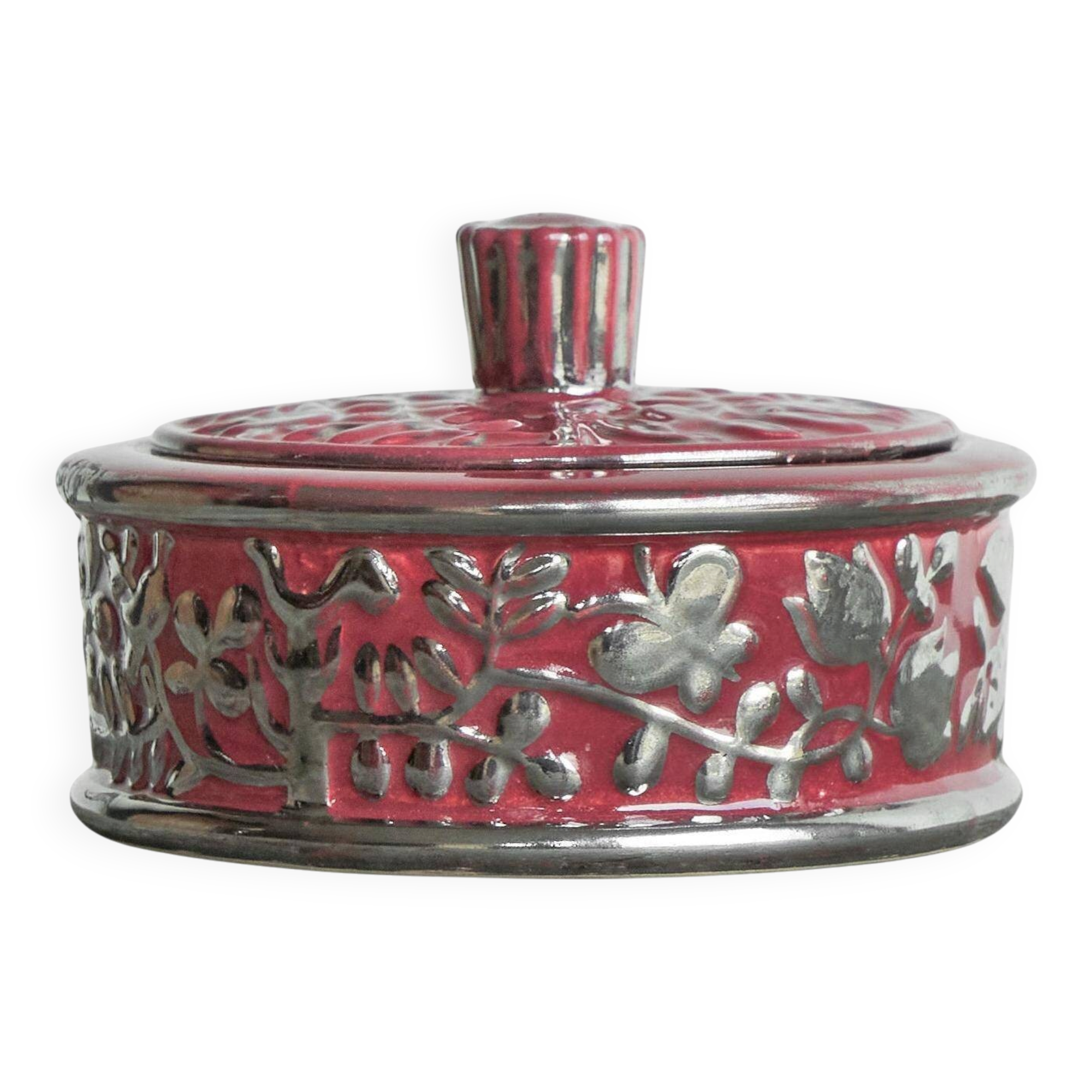 Boch Frères Keramis Rosa bowl with lid, flowers and butterflies in silver glaze.
