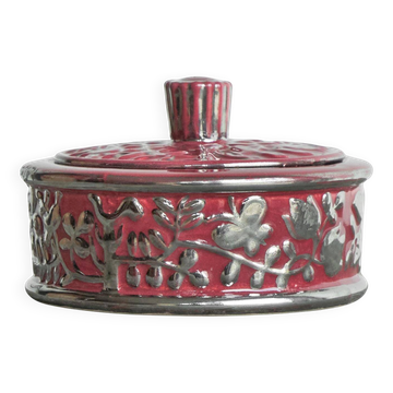 Boch Frères Keramis Rosa bowl with lid, flowers and butterflies in silver glaze.