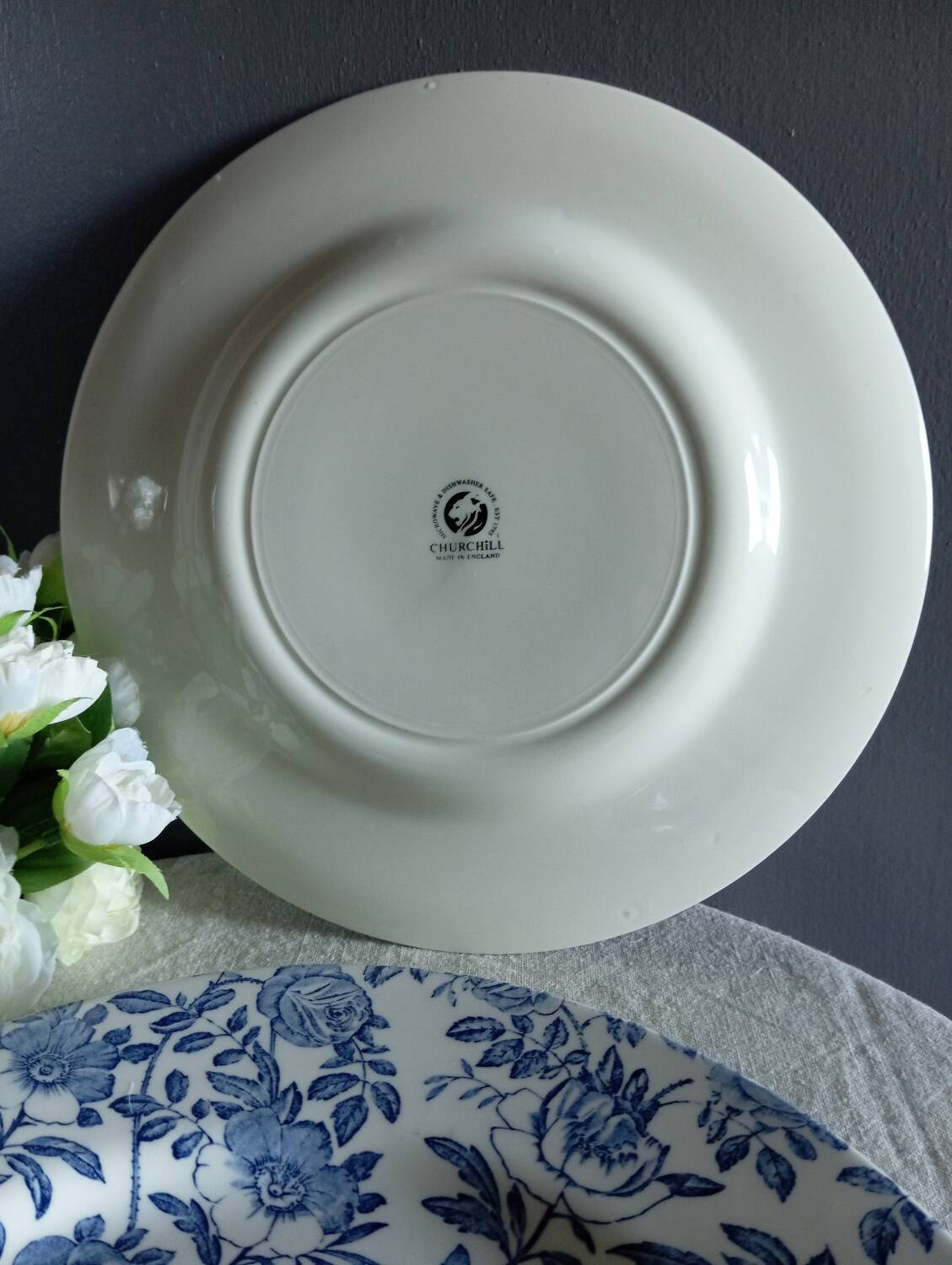 4 blue flower dinner plates, by Churchill - England