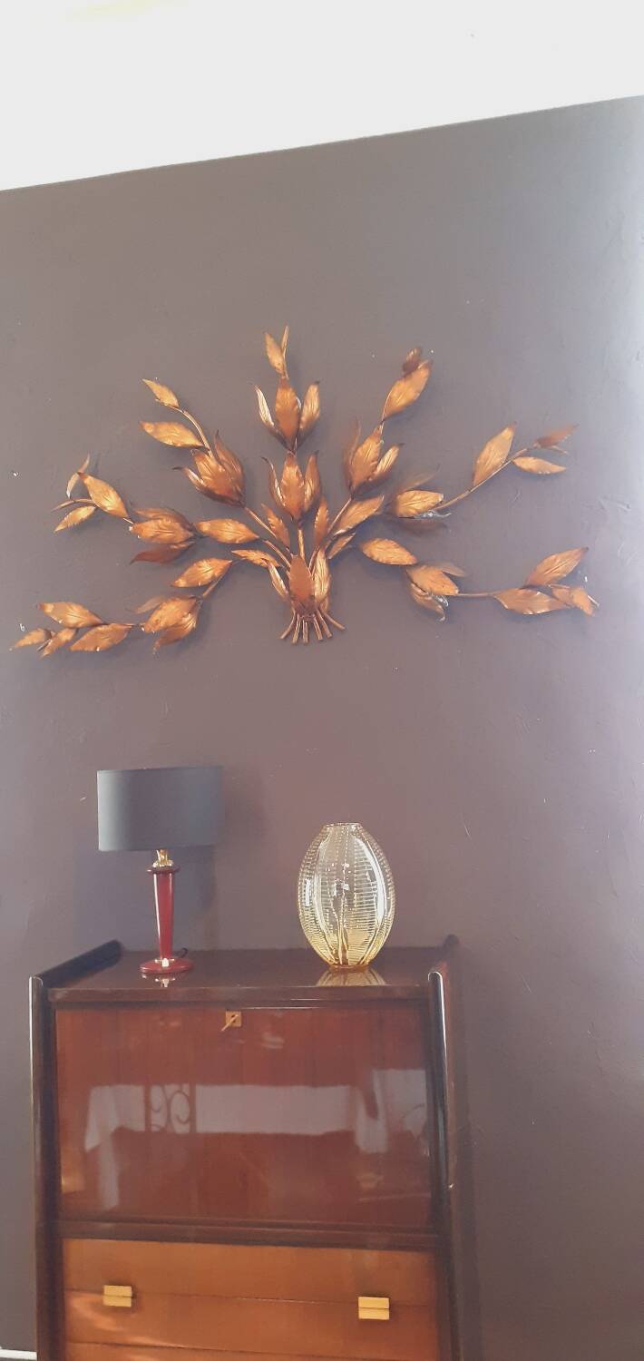 Monumental Vintage Wall Lamp with Golden Leaf Decor by Hans Kögl, 1960s