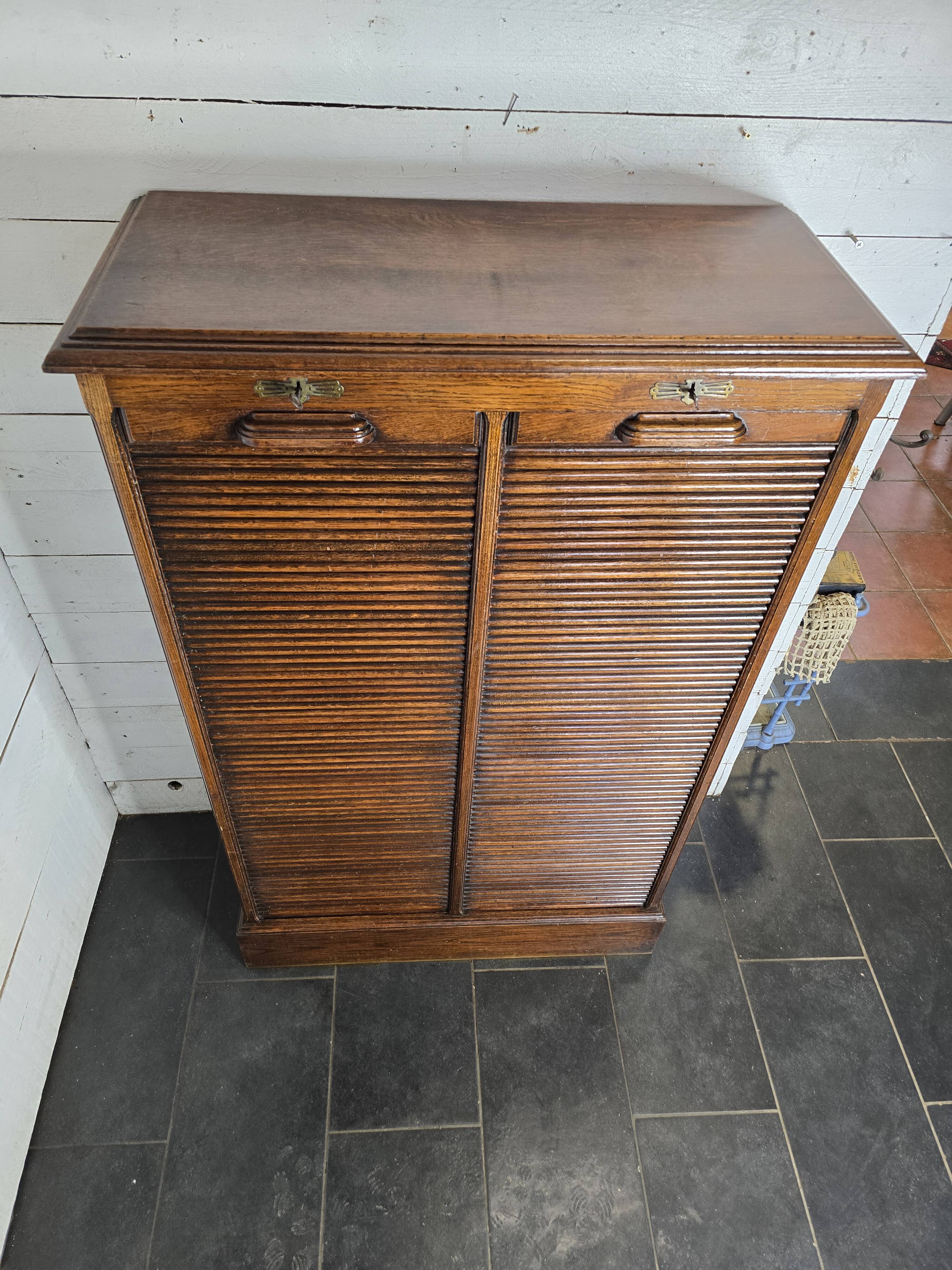 Solid oak double curtain filing cabinet