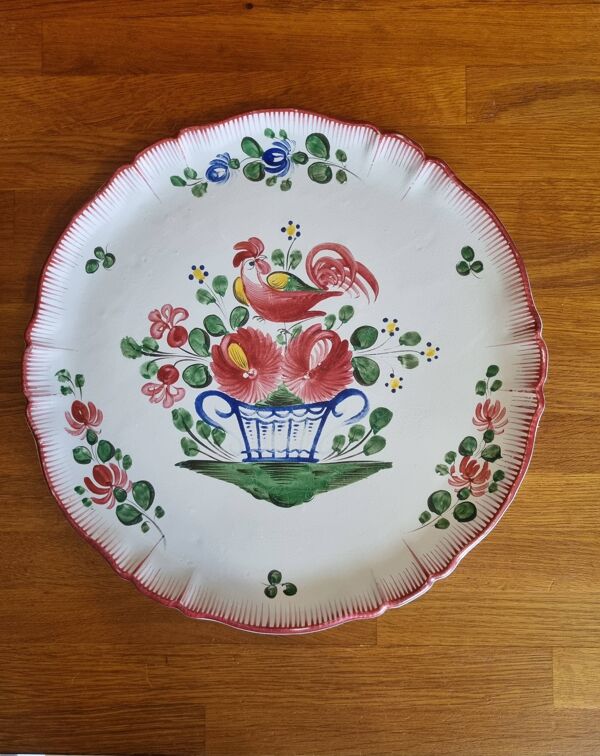 Grand plat à tarte ancien en faïence de St Clément Motif Coq au panier