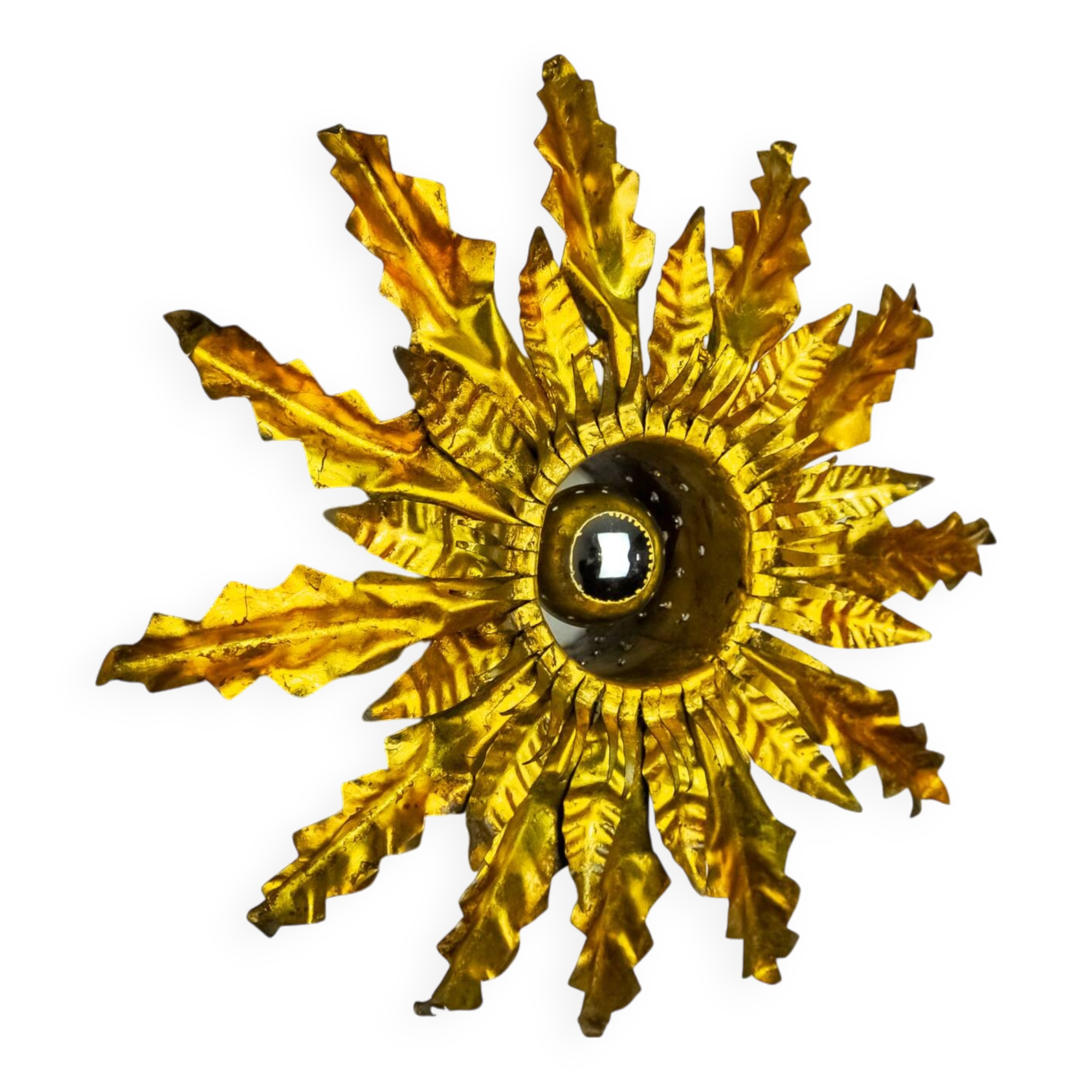 Brutalist sun wall lamp, metal and gold leaf, Italy, 1960