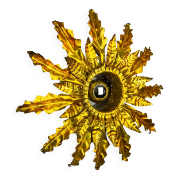 Brutalist sun wall lamp, metal and gold leaf, Italy, 1960