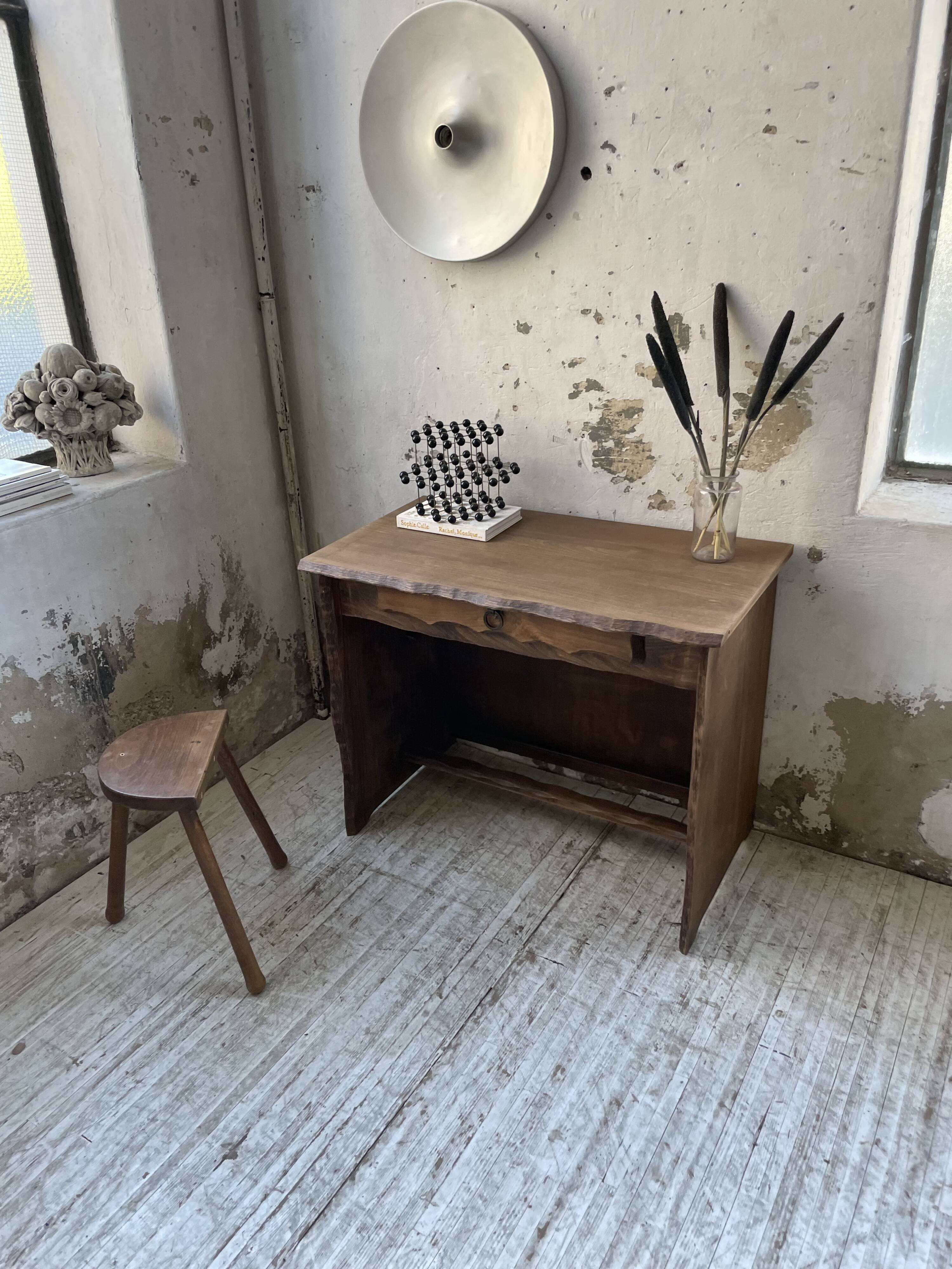 Brutalist desk in elm, signed Aranjou.