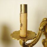 Pair of bronze sconces with four handmade toile de Jouy lampshades in France