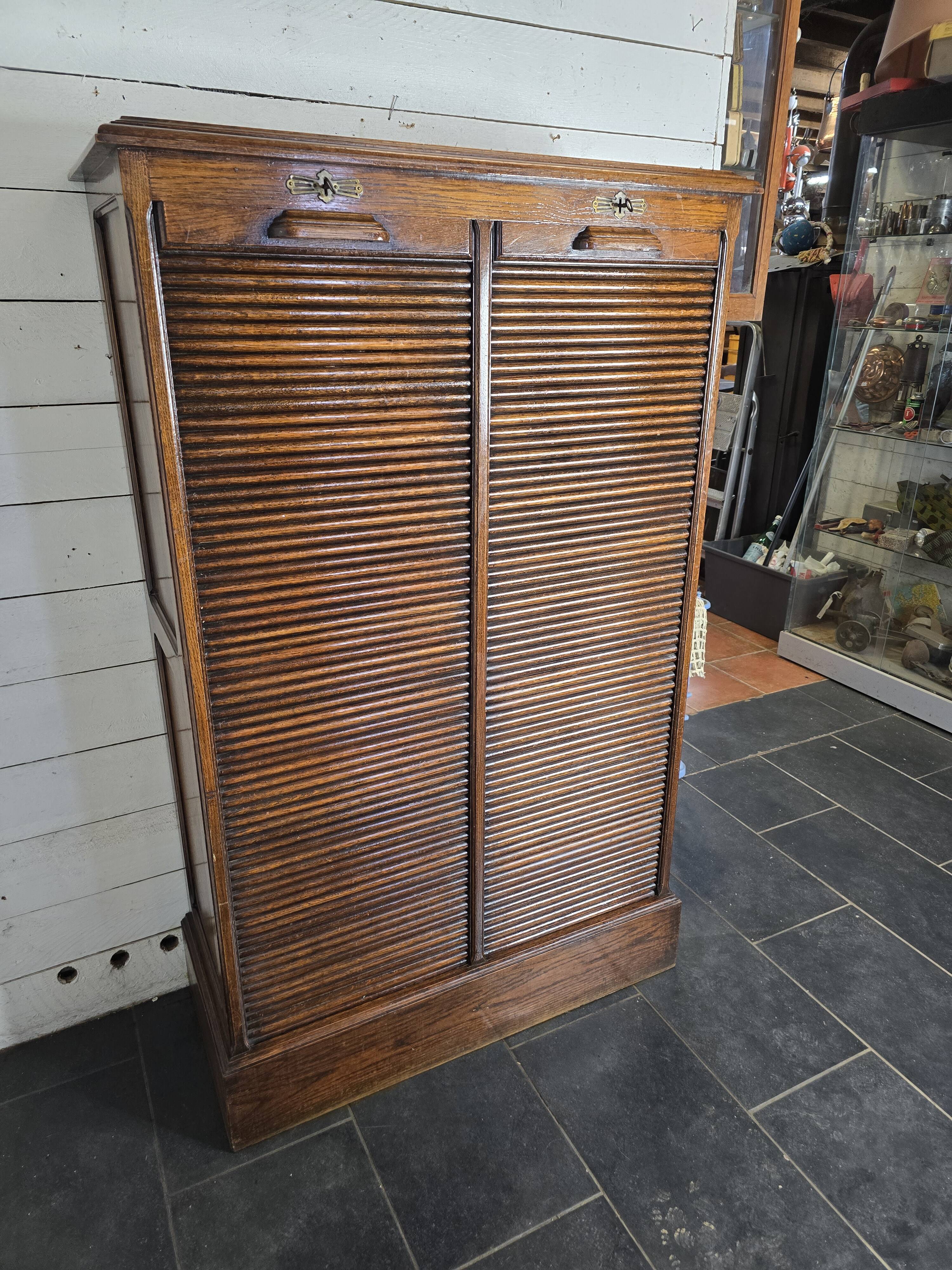 Solid oak double curtain filing cabinet