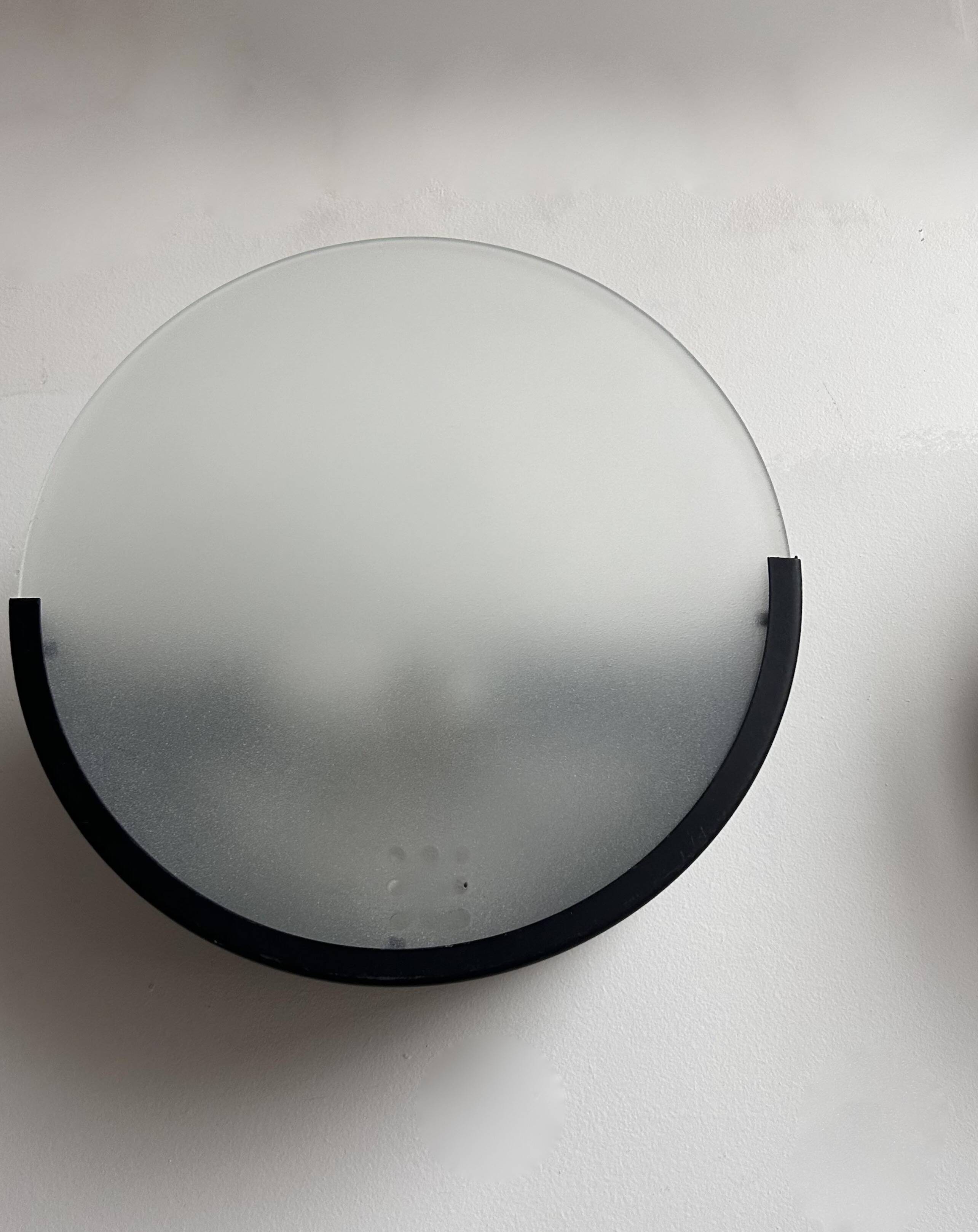 Pair of vintage geometric wall lights, black metal and sandblasted glass, Delmas France 1970