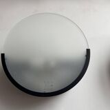 Pair of vintage geometric wall lights, black metal and sandblasted glass, Delmas France 1970
